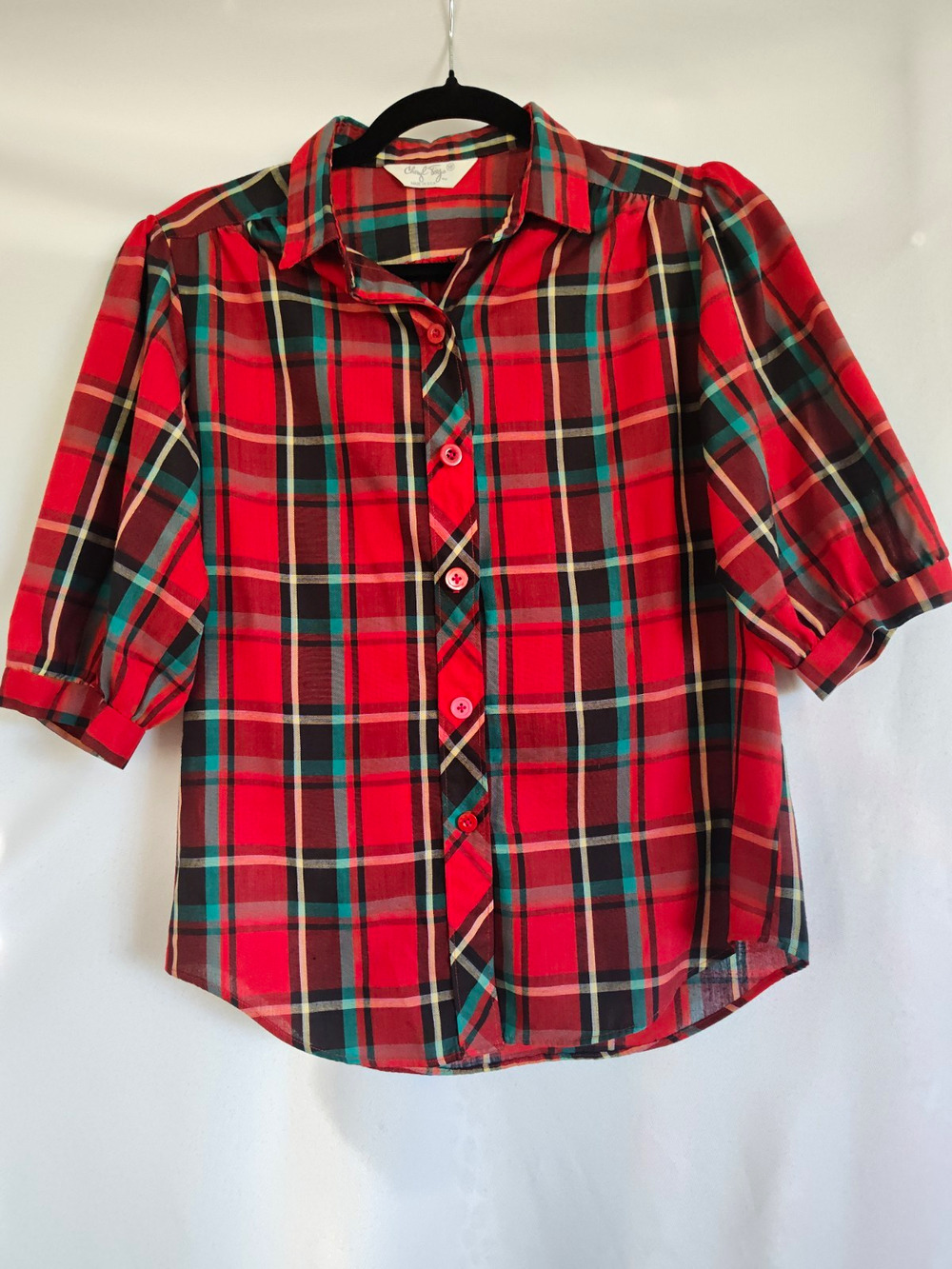 Cheryl Tiegs Women's Size 10 Plaid Collared Button-Up Shirt Red Green Black 3/4